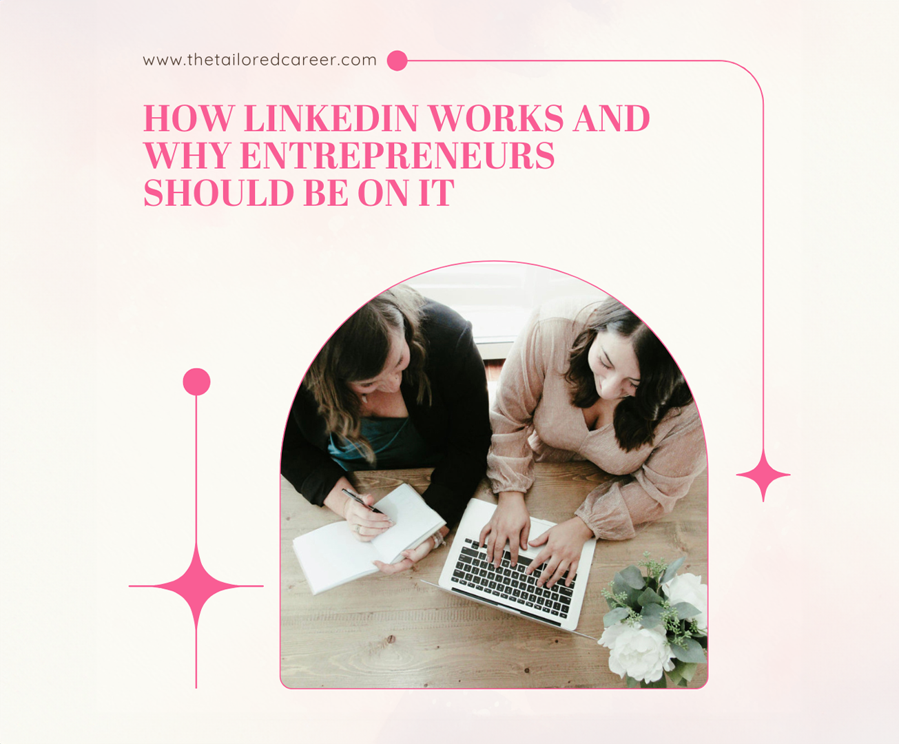 photo of women working together, notebook and laptop, view from above. Framed by a shape with a background of sparkle graphics and text that reads: How LinkedIn Works and Why Entrepreneurs Should Be On It