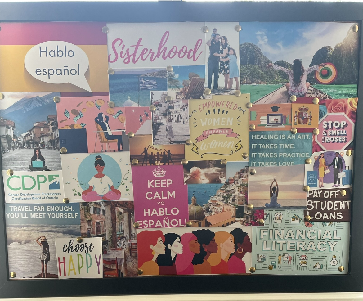 a collage of various images, empowering women, financial literacy, spanish and english, etc.